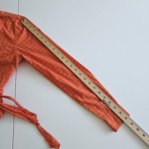 Lauren Ralph Lauren Top Womens Petite M Orange Plaid Cropped LS Tie Front Preppy - Picture 6 of 16